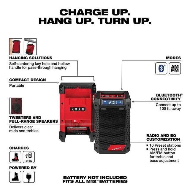 Alt view image 3 of 5 - 2951-20 for Milwaukee M12 12V Radio + Charger Length 5.39in Width 5.67in Height 9.21in - Black/Red