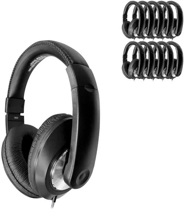 Main image of SmartTrek Deluxe OverEar Headphones 10Pack, InLine Volume Control, 3.5mm Plug, Leatherette Cushions, Durable DuraCord, Adjustable Headband Black (ST1BK)