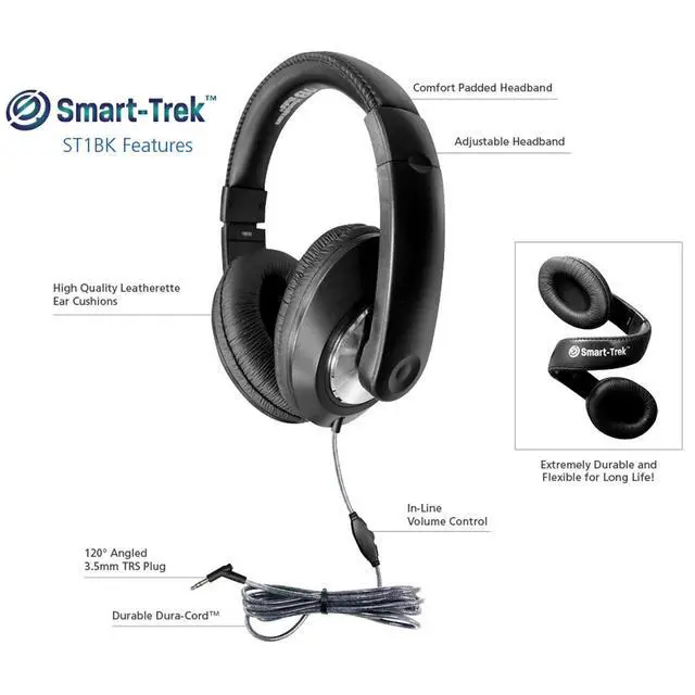 Alt view image 6 of 6 - SmartTrek Deluxe OverEar Headphones 10Pack, InLine Volume Control, 3.5mm Plug, Leatherette Cushions, Durable DuraCord, Adjustable Headband Black (ST1BK)