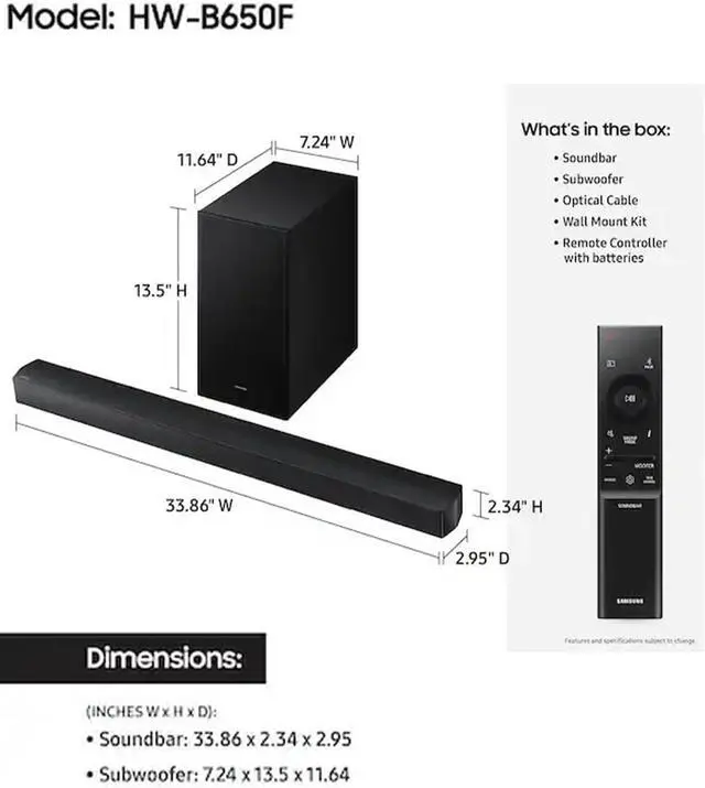 Alt view image 2 of 7 - Soundbar HW-B650F 3.1ch with Subwoofer, Dolby Audio, Powerful Bass Sound Bar for TV, Clear Dialogue, Home Theater Audio System for Movies, Gaming & Music