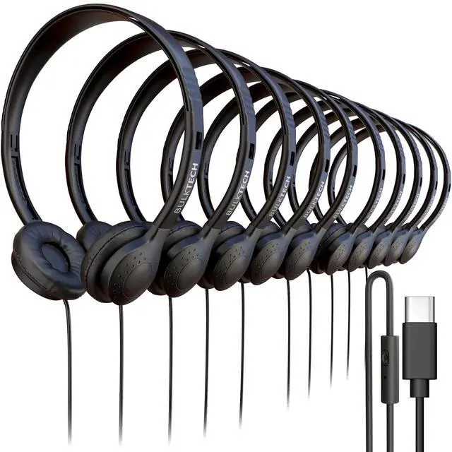 Main image of 40 Pack Bulk Wired Headphones, Leather, USB-C, On-Ear, Mic, Compatible with Phone, Tablet, Laptop, PC for School, Class, Meeting, Conference, Test, Black