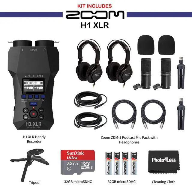 Alt view image 2 of 7 - H1 XLR Handy Recorder, Bundle with 2X ZDM-1 Podcast Microphones, 2X Headphones, 2X Windscreen, 2X XLR Cable, 2X Tabletop Stand, Tripod Grip, 32GB Micro SD Card, AA Batteries (4 Pack)