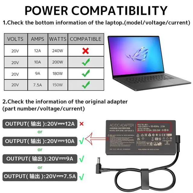 Alt view image 4 of 7 - 200W Gaming Laptop Charger Fit for ASUS ROG TUF Zephyrus Zenbook 6.0mm Pin | Fast Charging | Stable Power | Smart Temperature Control | 20V 10A | Fits 180W & 150W Models | Big Center Pin | ADP-200JB
