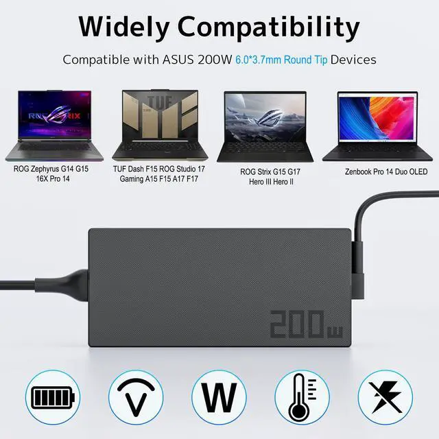 Alt view image 5 of 7 - 200W Gaming Laptop Charger Fit for ASUS ROG TUF Zephyrus Zenbook 6.0mm Pin | Fast Charging | Stable Power | Smart Temperature Control | 20V 10A | Fits 180W & 150W Models | Big Center Pin | ADP-200JB