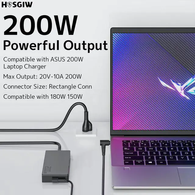 Alt view image 6 of 7 - 200W Gaming Laptop Charger Fit for ASUS ROG TUF Zephyrus Zenbook 6.0mm Pin | Fast Charging | Stable Power | Smart Temperature Control | 20V 10A | Fits 180W & 150W Models | Big Center Pin | ADP-200JB