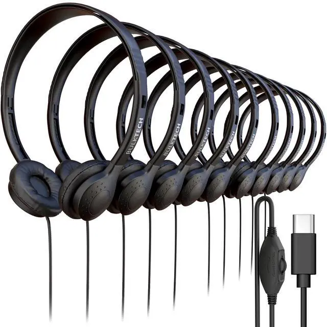Main image of 30 Pack Bulk Wired Headphones, Leather, USB-C, On-Ear, Volume Control, Compatible with Phone, Tablet, Laptop, PC for School, Class, Meeting, Conference, Test, Black