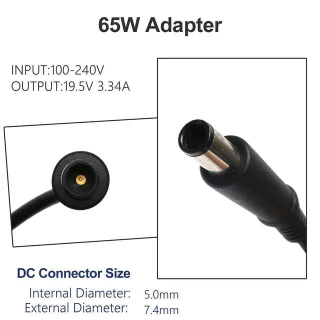 Alt view image 2 of 7 - 65W 3.34A 7.4mm AC Adapter Laptop Charger Compatible with Dell | Latitude 3190 3189 3140 3120 3310 5400 5480 5490 7490 E5500 E5470 E6430 E6500 E6530, Chromebook 11 3120 3180 3189 Series