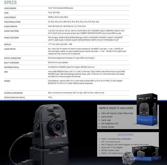 Alt view image 3 of 7 - Q2n-4K Ultra High Definition Handy Video Recorder with Table Tripod Hand Grip, and SanDisk 128GB Extreme microSDXC Card and Energizer Premium Max AA Batteries