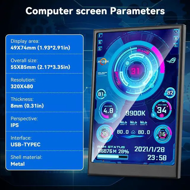 Alt view image 3 of 7 - 3.5 Inch IPS USB Mini Screen No Installation AIDA64 Pc Case | Screen Computer Temp Monitor PC Temperature Display with Stand, USB Cable, Manual