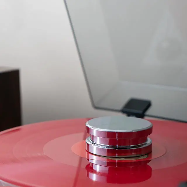 Alt view image 4 of 7 - High Density Frosted Acrylic Platter for Reference Turntables RT82/RT83/RT84/RT85, Includes HiFi Vinyl Record Weight 760 gram Steel LP Disc Stabilizer