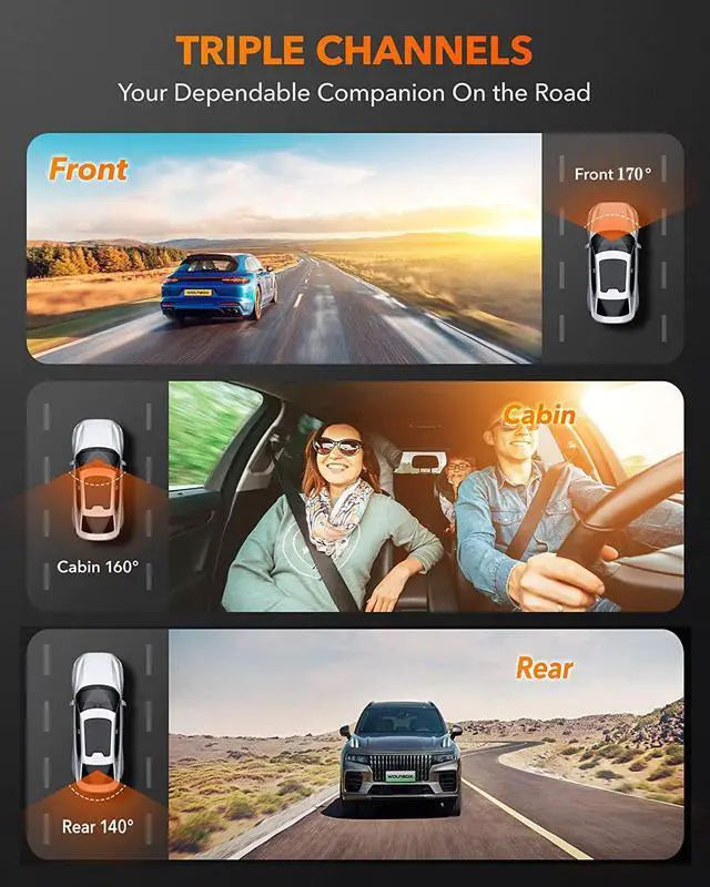 Alt view image 2 of 7 - Dash Cam Front and Rear, 3 Channel Car Camera with 64GB Card | G-Sensor, 3" IPS Screen, 24Hr Parking, 170° Wide Angle, Loop Recording, IR Night Vision