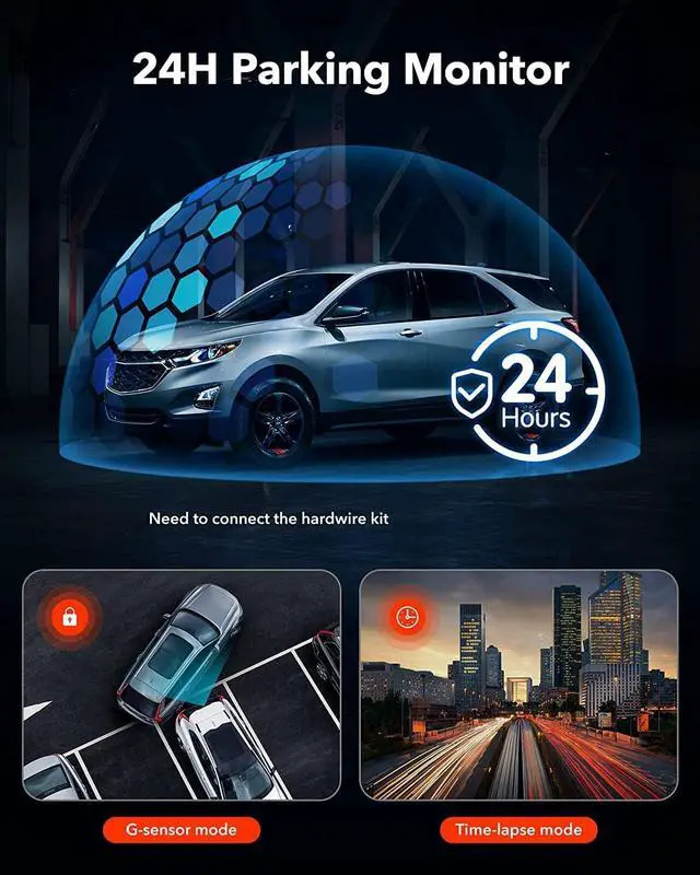 Alt view image 3 of 7 - Dash Cam Front and Rear, 3 Channel Car Camera with 64GB Card | G-Sensor, 3" IPS Screen, 24Hr Parking, 170° Wide Angle, Loop Recording, IR Night Vision