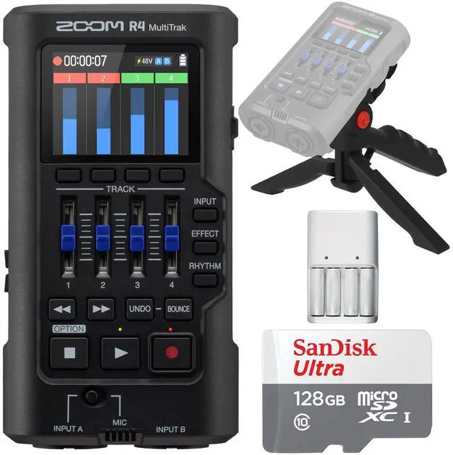 Main image of Zoom R4 MultiTrak 32-Bit Float Recorder with 128GB Ultra UHS-I microSDXC Memory Card and Pistol Grip Tabletop Tripod