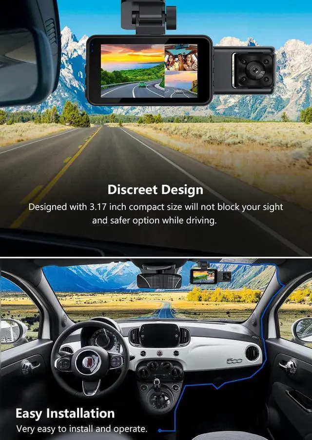 Alt view image 4 of 7 - Dash Cam Front and Rear, 3 Channel Car Camera with 64GB Card | G-Sensor, 3" IPS Screen, 24Hr Parking, 170° Wide Angle, Loop Recording, IR Night Vision