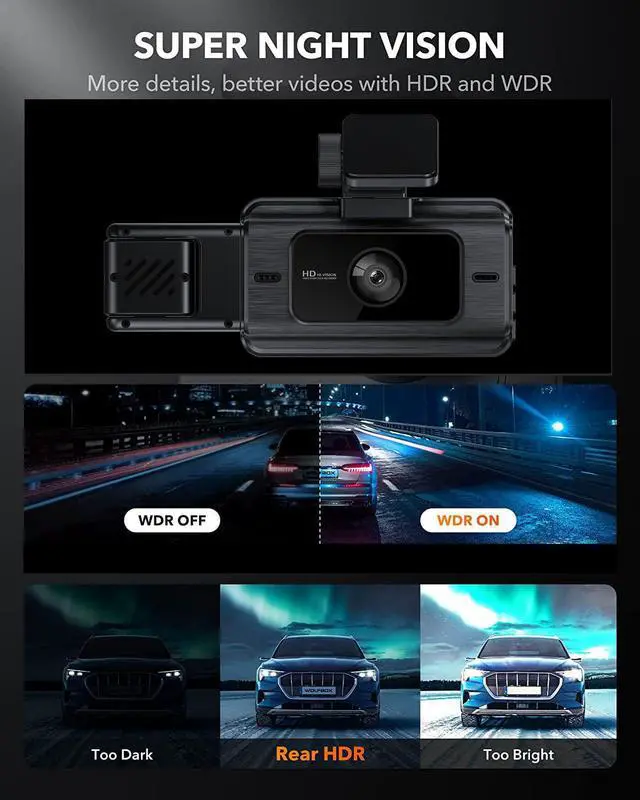 Alt view image 5 of 7 - Dash Cam Front and Rear, 3 Channel Car Camera with 64GB Card | G-Sensor, 3" IPS Screen, 24Hr Parking, 170° Wide Angle, Loop Recording, IR Night Vision