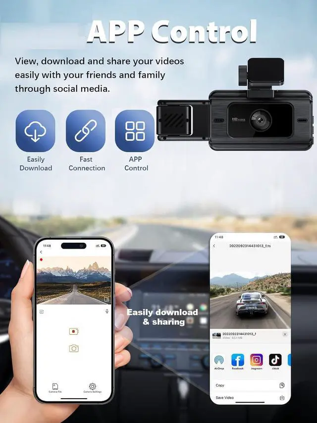 Alt view image 6 of 7 - Dash Cam Front and Rear, 3 Channel Car Camera with 64GB Card | G-Sensor, 3" IPS Screen, 24Hr Parking, 170° Wide Angle, Loop Recording, IR Night Vision