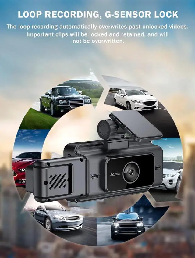 Alt view image 7 of 7 - Dash Cam Front and Rear, 3 Channel Car Camera with 64GB Card | G-Sensor, 3" IPS Screen, 24Hr Parking, 170° Wide Angle, Loop Recording, IR Night Vision