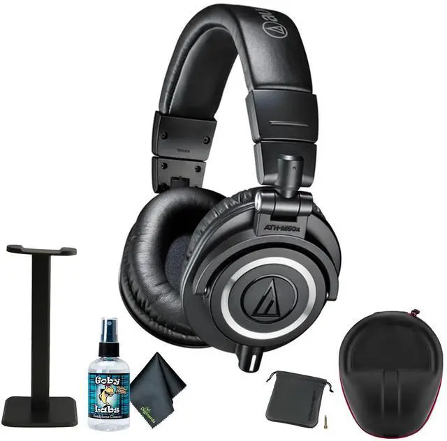Main image of ATH-M50x Professional Studio Monitor Headphones, Black + Microfiber Cleaning Cloth + Headphone Stand + Headphone CASE + Goby Labs Headphone Cleaner 4 fl oz