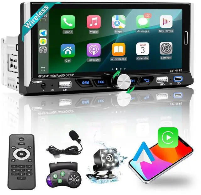 Main image of 6.9" Single Din Touchscreen Car Stereo Wireless Apple CarPlay Android Auto | Car Radio with Bluetooth,Mirror Link,FM RDS,Head Unit Player,MIC,Backup Camera,USB/AUX/Type-C Charging,SWC,Subwoofer Port