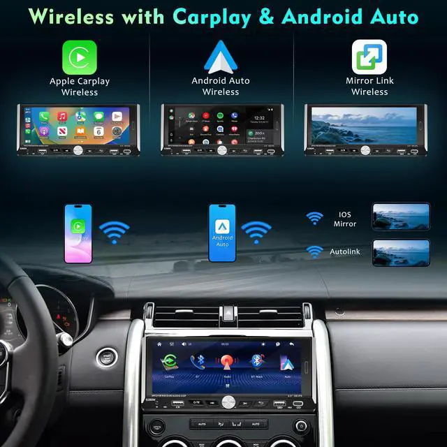Alt view image 2 of 6 - 6.9" Single Din Touchscreen Car Stereo Wireless Apple CarPlay Android Auto | Car Radio with Bluetooth,Mirror Link,FM RDS,Head Unit Player,MIC,Backup Camera,USB/AUX/Type-C Charging,SWC,Subwoofer Port