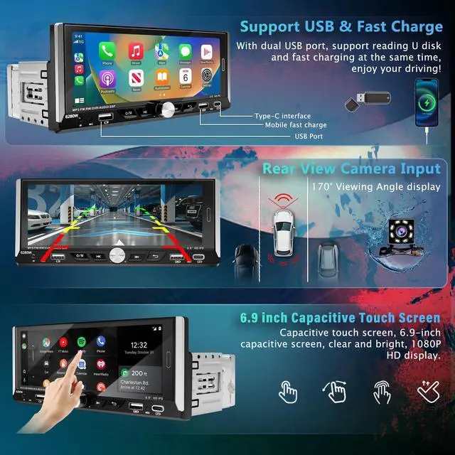 Alt view image 3 of 6 - 6.9" Single Din Touchscreen Car Stereo Wireless Apple CarPlay Android Auto | Car Radio with Bluetooth,Mirror Link,FM RDS,Head Unit Player,MIC,Backup Camera,USB/AUX/Type-C Charging,SWC,Subwoofer Port