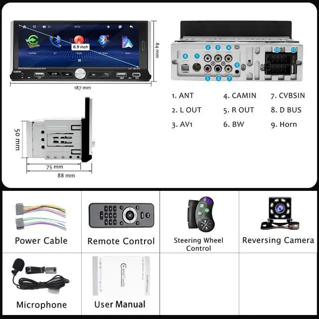 Alt view image 6 of 6 - 6.9" Single Din Touchscreen Car Stereo Wireless Apple CarPlay Android Auto | Car Radio with Bluetooth,Mirror Link,FM RDS,Head Unit Player,MIC,Backup Camera,USB/AUX/Type-C Charging,SWC,Subwoofer Port