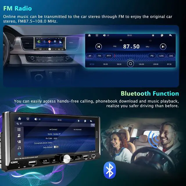 Alt view image 4 of 6 - 6.9" Single Din Touchscreen Car Stereo Wireless Apple CarPlay Android Auto | Car Radio with Bluetooth,Mirror Link,FM RDS,Head Unit Player,MIC,Backup Camera,USB/AUX/Type-C Charging,SWC,Subwoofer Port
