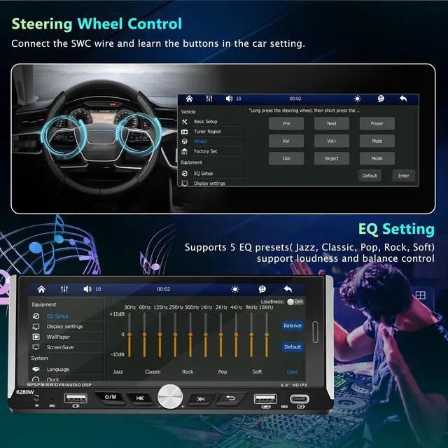 Alt view image 5 of 6 - 6.9" Single Din Touchscreen Car Stereo Wireless Apple CarPlay Android Auto | Car Radio with Bluetooth,Mirror Link,FM RDS,Head Unit Player,MIC,Backup Camera,USB/AUX/Type-C Charging,SWC,Subwoofer Port