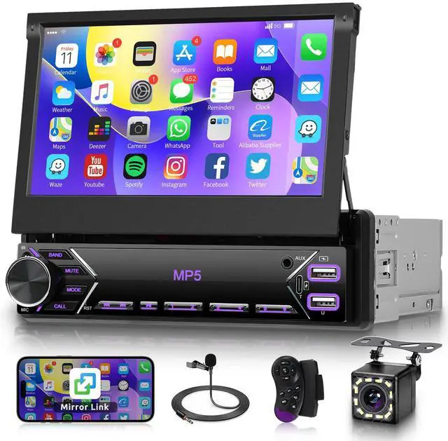 Main image of Single Din Flip Out Car Stereo Bluetooth 7 Inch Retractable Touch Screen Car Radio 1 Din Mirror Link/FM/EQ USB/Type-C/AUX SWC, Car Audio Receiver MP5 Multimedia Player with Backup Camera