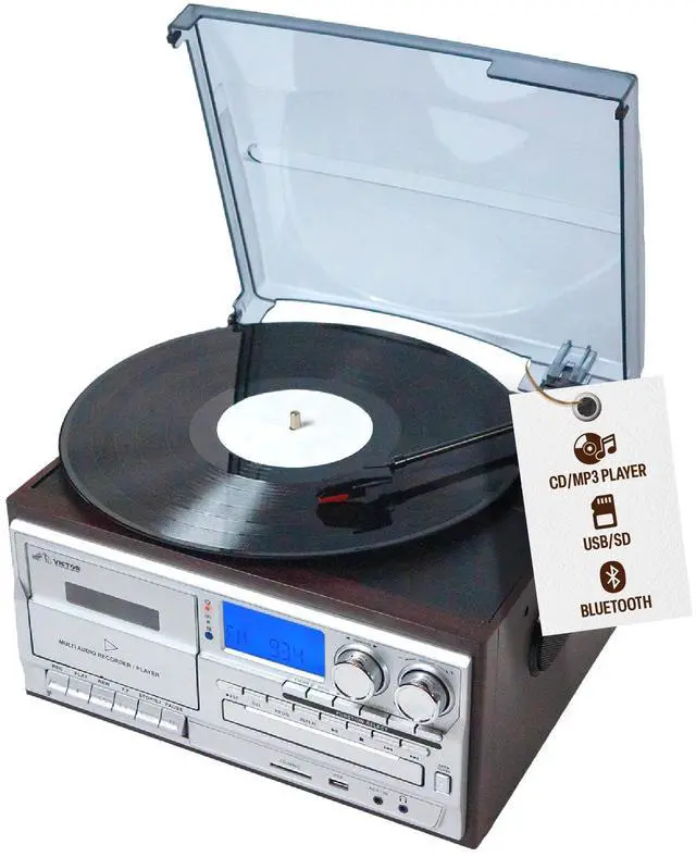 Main image of VWRP-4200 Cosmopolitan 8-in-1 Vinyl Record Player with Bluetooth | All in one turntable system with CD/MP3 combo, cassette deck, AM/FM radio, USB playback & record, stereo speakers, Espresso