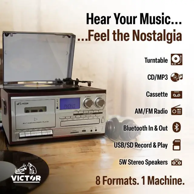 Alt view image 2 of 6 - VWRP-4200 Cosmopolitan 8-in-1 Vinyl Record Player with Bluetooth | All in one turntable system with CD/MP3 combo, cassette deck, AM/FM radio, USB playback & record, stereo speakers, Espresso