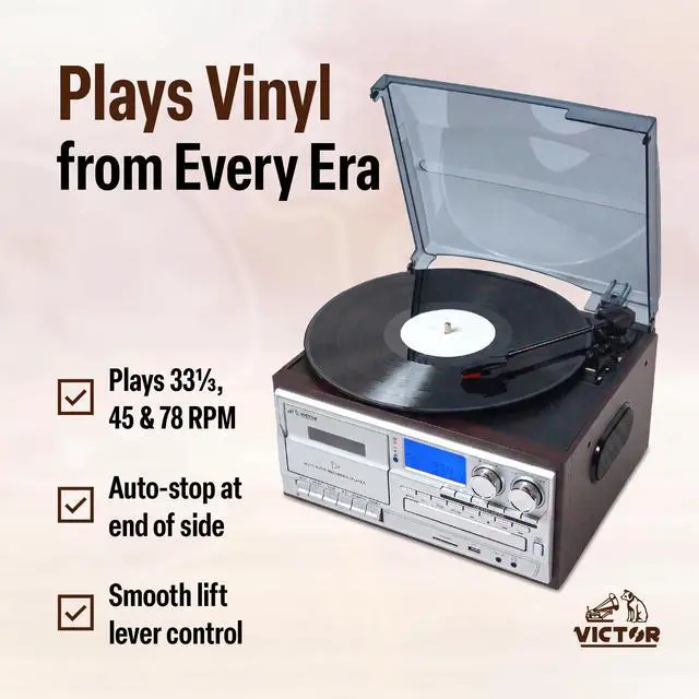 Alt view image 3 of 6 - VWRP-4200 Cosmopolitan 8-in-1 Vinyl Record Player with Bluetooth | All in one turntable system with CD/MP3 combo, cassette deck, AM/FM radio, USB playback & record, stereo speakers, Espresso