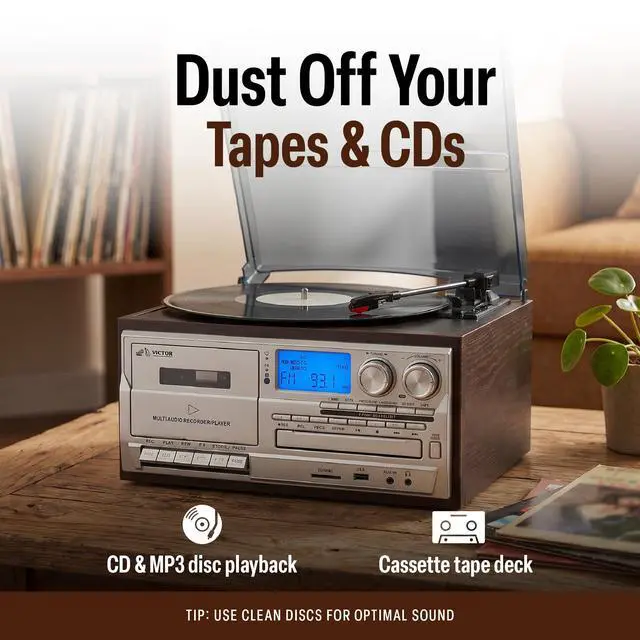 Alt view image 4 of 6 - VWRP-4200 Cosmopolitan 8-in-1 Vinyl Record Player with Bluetooth | All in one turntable system with CD/MP3 combo, cassette deck, AM/FM radio, USB playback & record, stereo speakers, Espresso