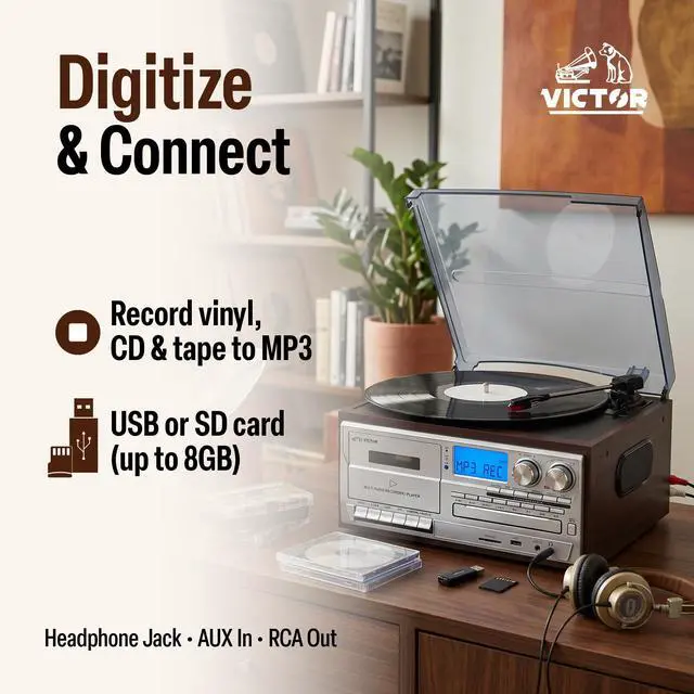 Alt view image 6 of 6 - VWRP-4200 Cosmopolitan 8-in-1 Vinyl Record Player with Bluetooth | All in one turntable system with CD/MP3 combo, cassette deck, AM/FM radio, USB playback & record, stereo speakers, Espresso