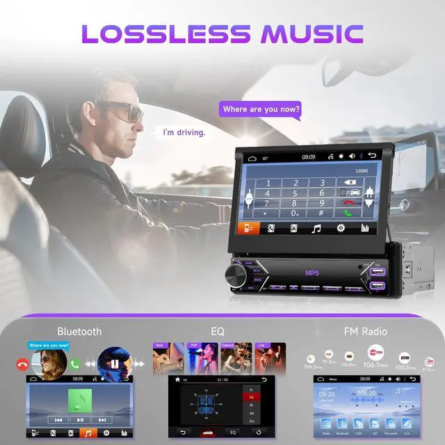 Alt view image 2 of 7 - Single Din Flip Out Car Stereo Bluetooth 7 Inch Retractable Touch Screen Car Radio 1 Din Mirror Link/FM/EQ USB/Type-C/AUX SWC, Car Audio Receiver MP5 Multimedia Player with Backup Camera