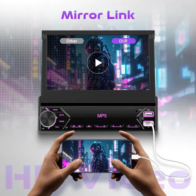 Alt view image 3 of 7 - Single Din Flip Out Car Stereo Bluetooth 7 Inch Retractable Touch Screen Car Radio 1 Din Mirror Link/FM/EQ USB/Type-C/AUX SWC, Car Audio Receiver MP5 Multimedia Player with Backup Camera