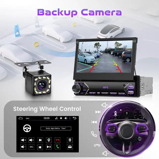 Alt view image 5 of 7 - Single Din Flip Out Car Stereo Bluetooth 7 Inch Retractable Touch Screen Car Radio 1 Din Mirror Link/FM/EQ USB/Type-C/AUX SWC, Car Audio Receiver MP5 Multimedia Player with Backup Camera