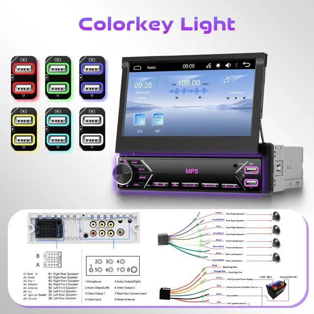 Alt view image 6 of 7 - Single Din Flip Out Car Stereo Bluetooth 7 Inch Retractable Touch Screen Car Radio 1 Din Mirror Link/FM/EQ USB/Type-C/AUX SWC, Car Audio Receiver MP5 Multimedia Player with Backup Camera