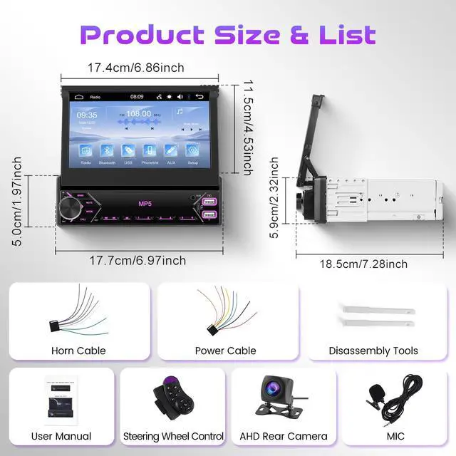 Alt view image 7 of 7 - Single Din Flip Out Car Stereo Bluetooth 7 Inch Retractable Touch Screen Car Radio 1 Din Mirror Link/FM/EQ USB/Type-C/AUX SWC, Car Audio Receiver MP5 Multimedia Player with Backup Camera