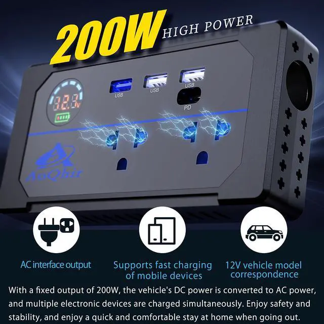 Alt view image 2 of 7 - Car Inverter 200W DC12V to AC100V Converter, 3 USB Ports with QC3.0 Fast Charging, TYP-C Support, Smart Display, Multi-Protection, Car Power Inverter for Charging & Power Supply