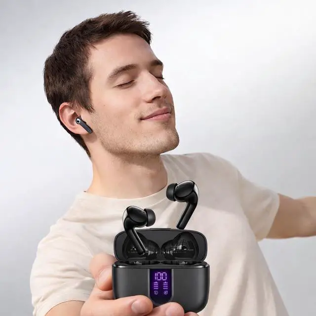 Alt view image 7 of 7 - Hybrid ANC Earbuds, Noise Cancelling Bluetooth 5.3 Headphones, Black | Rich bass, clear calls, LED battery case, USB-C charging, immersive audio for gym, commuting, school, remote work and travel