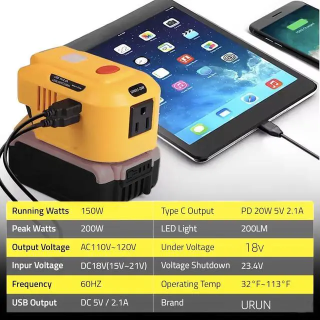 Alt view image 2 of 6 - 150W Phone Charger Adapter for Dewalt 18V-60V Battery w/Dual USB Port | DC 18V to AC 120V Top Off Inverter Power Supply for Dew-alt Perfect for Outdoor Generator(No Battery)