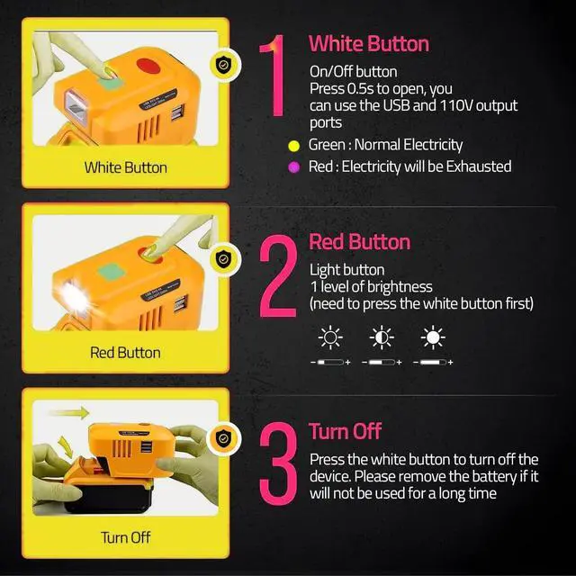 Alt view image 5 of 6 - 150W Phone Charger Adapter for Dewalt 18V-60V Battery w/Dual USB Port | DC 18V to AC 120V Top Off Inverter Power Supply for Dew-alt Perfect for Outdoor Generator(No Battery)