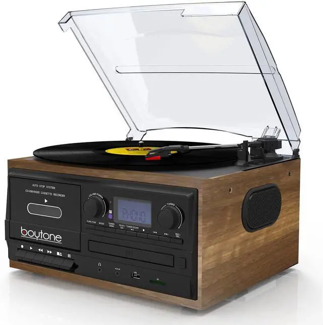 Main image of BT-32W Bluetooth Classic Record Player Turntable All-in-One Bookshelf System with AM/FM Radio, CD/Cassette Player, Stereo Speakers, Record from Vinyl, Radio, and Cassette to MP3, USB/SD, AUX