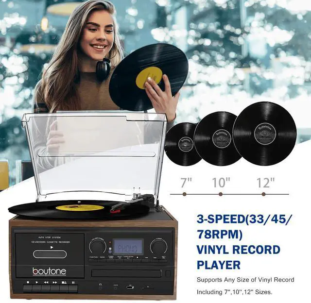 Alt view image 2 of 7 - BT-32W Bluetooth Classic Record Player Turntable All-in-One Bookshelf System with AM/FM Radio, CD/Cassette Player, Stereo Speakers, Record from Vinyl, Radio, and Cassette to MP3, USB/SD, AUX