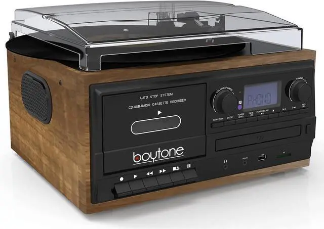 Alt view image 4 of 7 - BT-32W Bluetooth Classic Record Player Turntable All-in-One Bookshelf System with AM/FM Radio, CD/Cassette Player, Stereo Speakers, Record from Vinyl, Radio, and Cassette to MP3, USB/SD, AUX