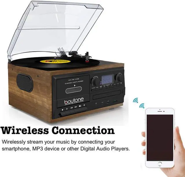 Alt view image 3 of 7 - BT-32W Bluetooth Classic Record Player Turntable All-in-One Bookshelf System with AM/FM Radio, CD/Cassette Player, Stereo Speakers, Record from Vinyl, Radio, and Cassette to MP3, USB/SD, AUX
