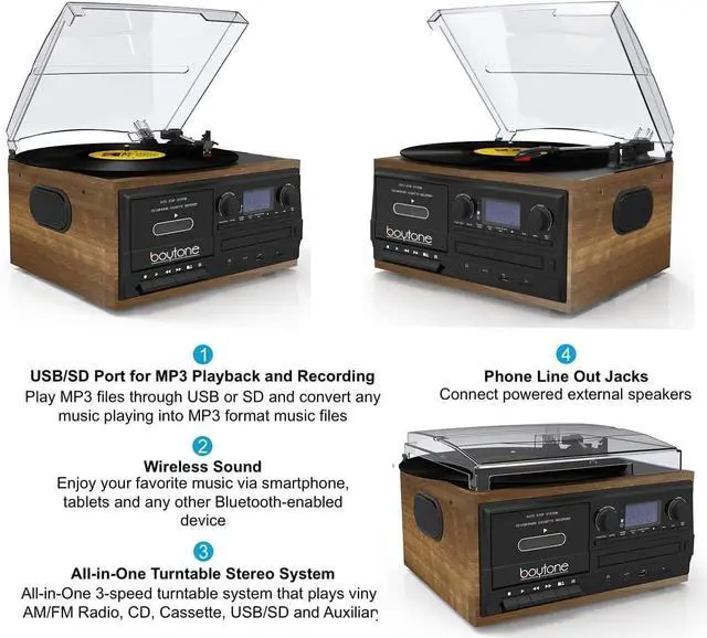 Alt view image 5 of 7 - BT-32W Bluetooth Classic Record Player Turntable All-in-One Bookshelf System with AM/FM Radio, CD/Cassette Player, Stereo Speakers, Record from Vinyl, Radio, and Cassette to MP3, USB/SD, AUX