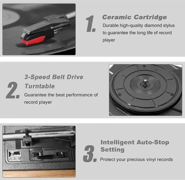 Alt view image 6 of 7 - BT-32W Bluetooth Classic Record Player Turntable All-in-One Bookshelf System with AM/FM Radio, CD/Cassette Player, Stereo Speakers, Record from Vinyl, Radio, and Cassette to MP3, USB/SD, AUX