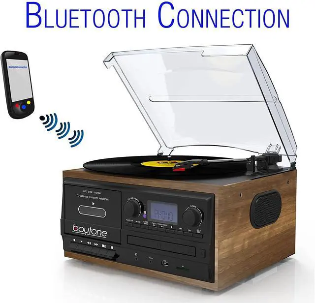 Alt view image 7 of 7 - BT-32W Bluetooth Classic Record Player Turntable All-in-One Bookshelf System with AM/FM Radio, CD/Cassette Player, Stereo Speakers, Record from Vinyl, Radio, and Cassette to MP3, USB/SD, AUX